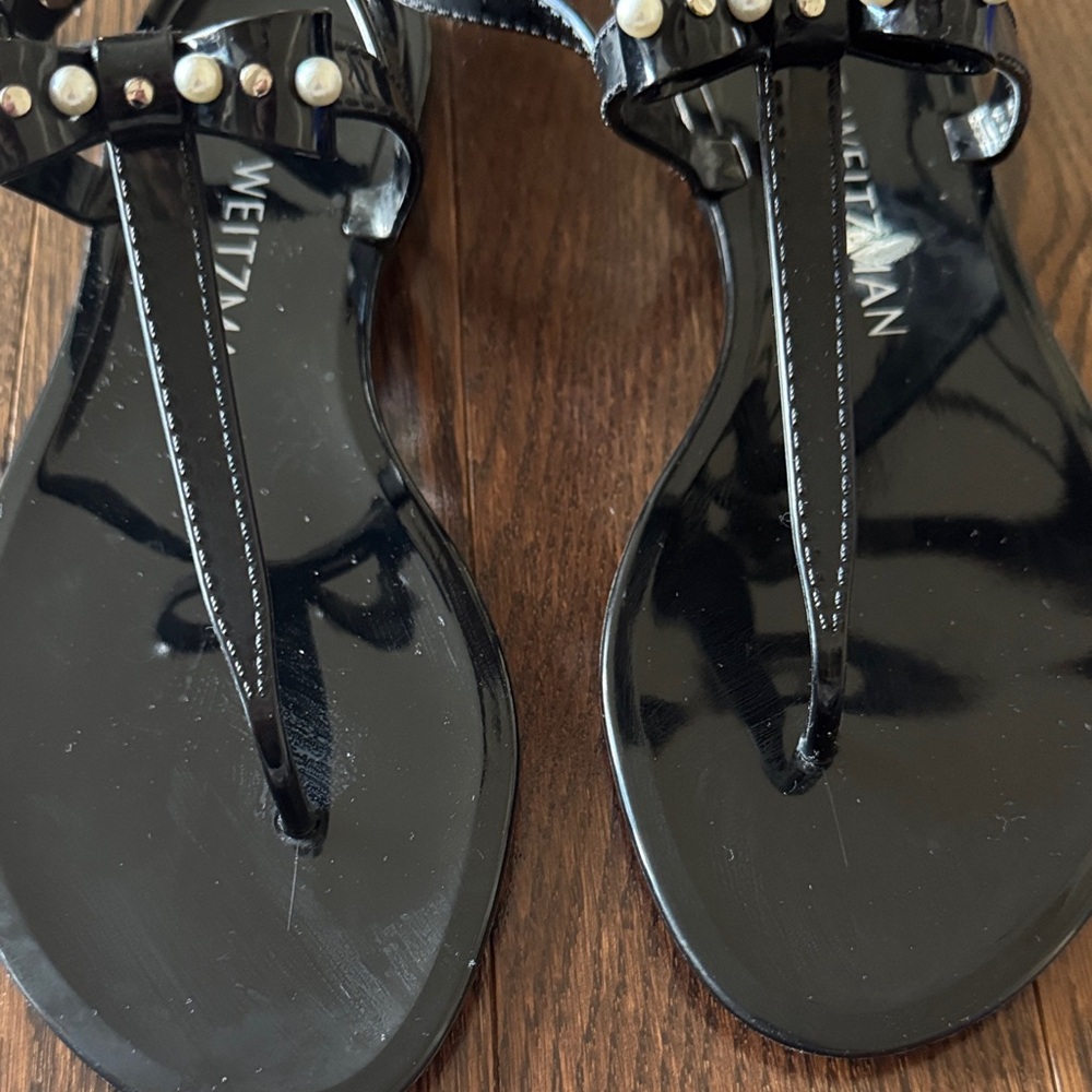 Stuart Weitzman Black Patent Sandals with Pearl Accents